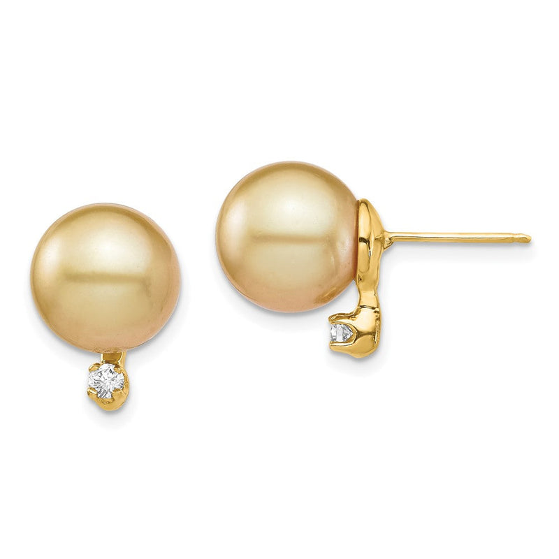 14K 9-10 mm Goldene Südsee-Salzwasser-Zuchtperlen mit 0,10 ct. Diamant-Ohrringe