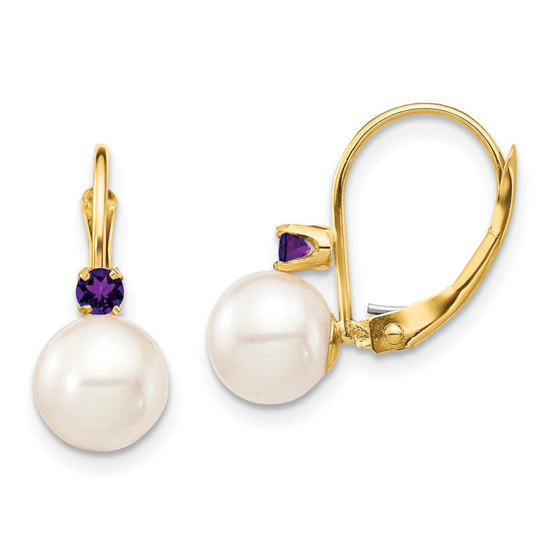 14K Gelbgold 7 7.5mm Weiß Rund Süßwasser Zuchtperle Und.14am Amethyst Ohrhänger mit Brisur