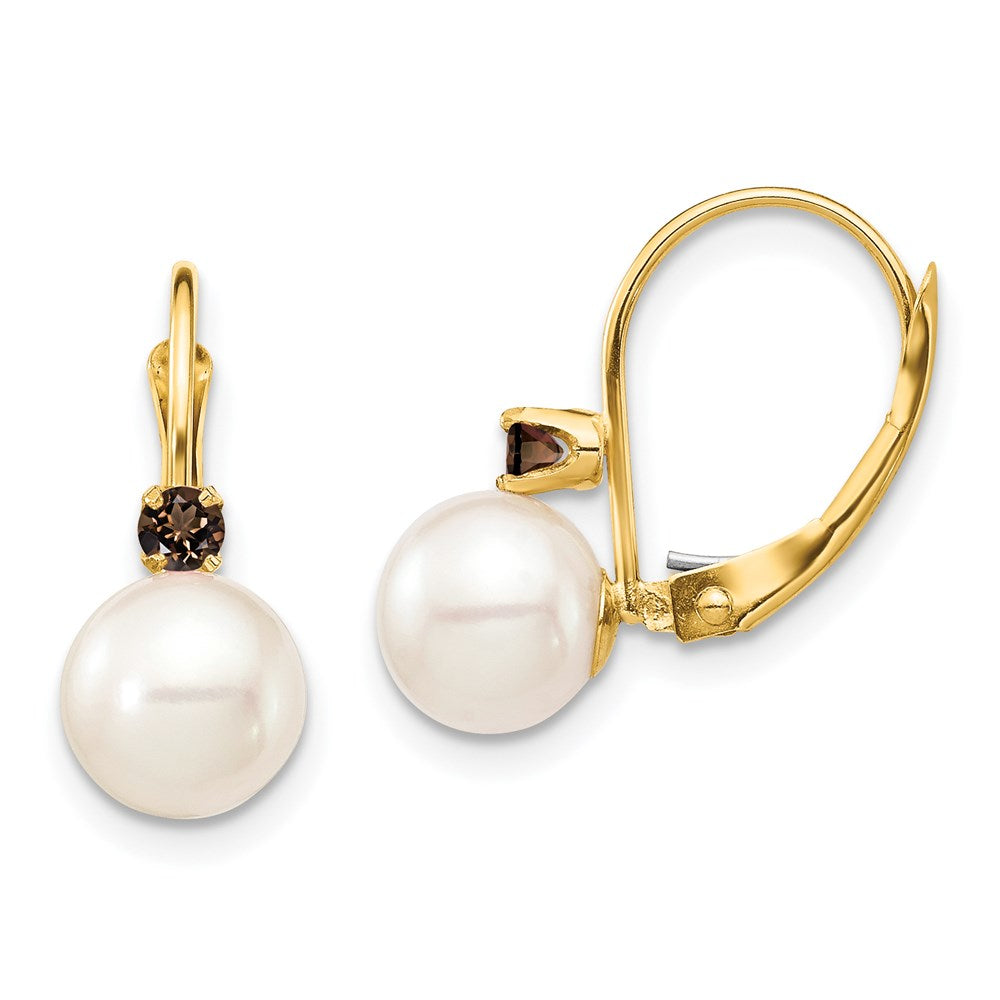 14K Gelbgold 7 7.5mm Weiß Rund Fwc Perle Rauch Quarz Ohrhänger mit Brisur