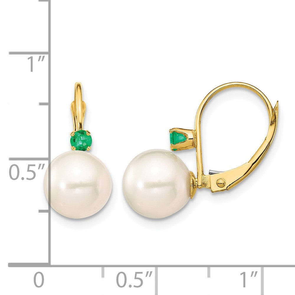 14K Gelbgold 8 8.5mm Weiß Rund Süßwasser Zuchtperle Und.18em Smaragd Ohrhänger mit Brisur