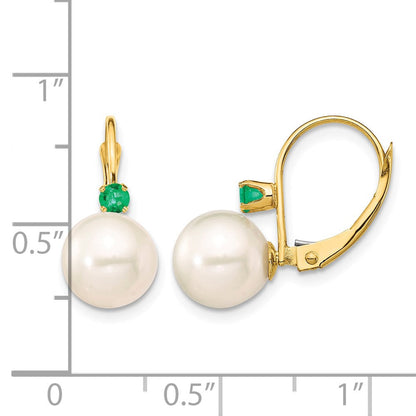 14K Gelbgold 8 8.5mm Weiß Rund Süßwasser Zuchtperle Und.18em Smaragd Ohrhänger mit Brisur