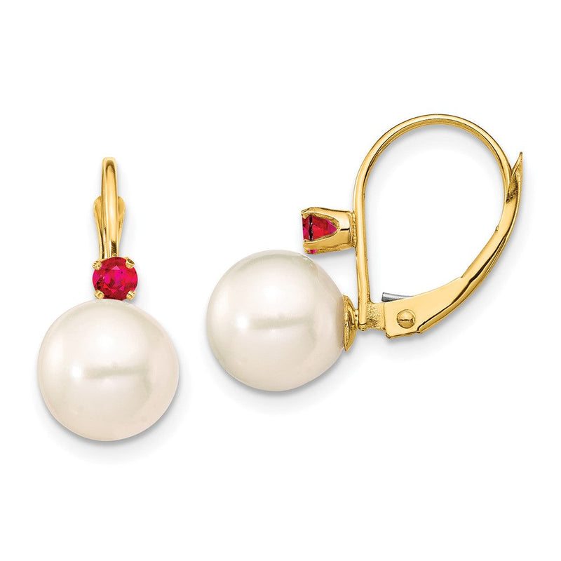 14K Gelbgold 8 8.5mm Weiß Rund Süßwasser Zuchtperle Und.18ru Rubin Ohrhänger mit Brisur