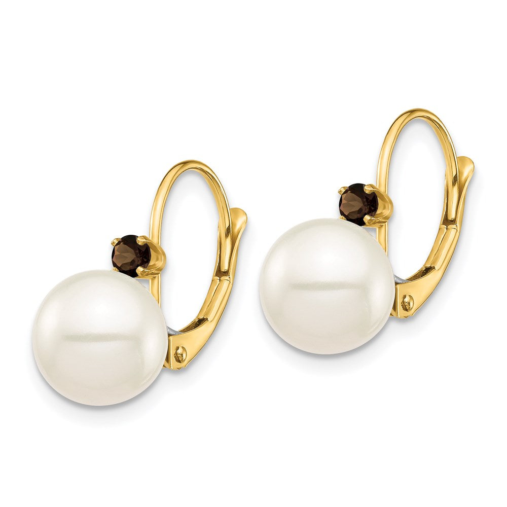 14K Gelbgold 8 8.5mm Weiß Rund Fwc Perle Smokey Quarz Ohrhänger mit Brisur