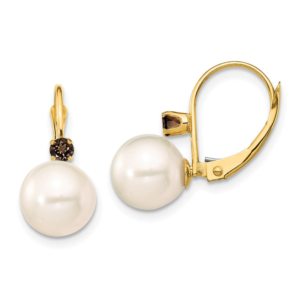 14K Gelbgold 8 8.5mm Weiß Rund Fwc Perle Smokey Quarz Ohrhänger mit Brisur