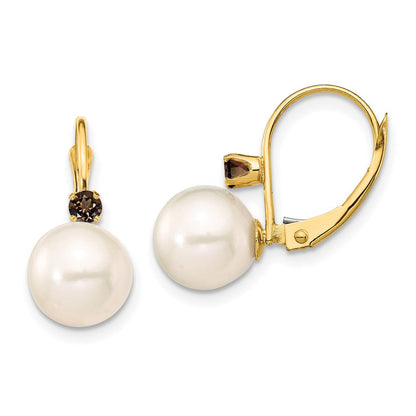 14K Gelbgold 8 8.5mm Weiß Rund Fwc Perle Smokey Quarz Ohrhänger mit Brisur