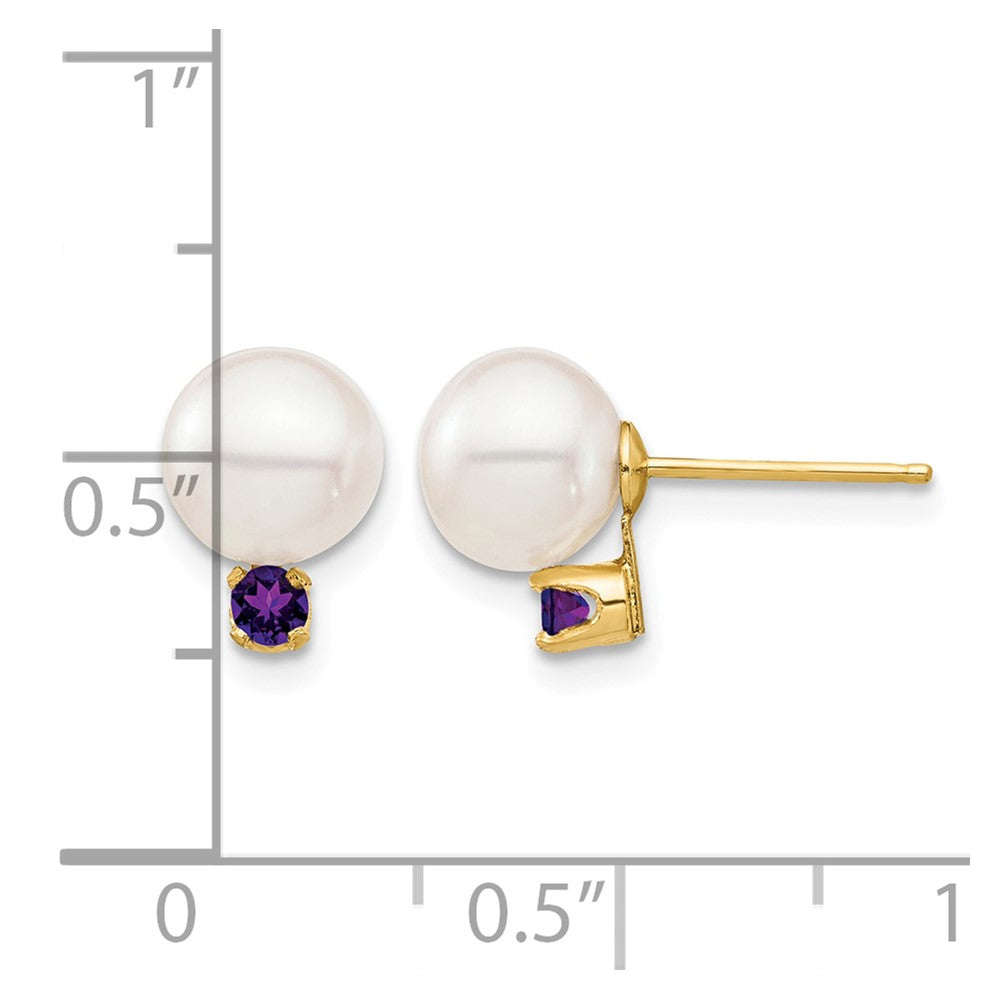 14K Gelbgold 7 7.5mm Weiß Rund Süßwasser Zuchtperle Und.14am Amethyst Ohrstecker