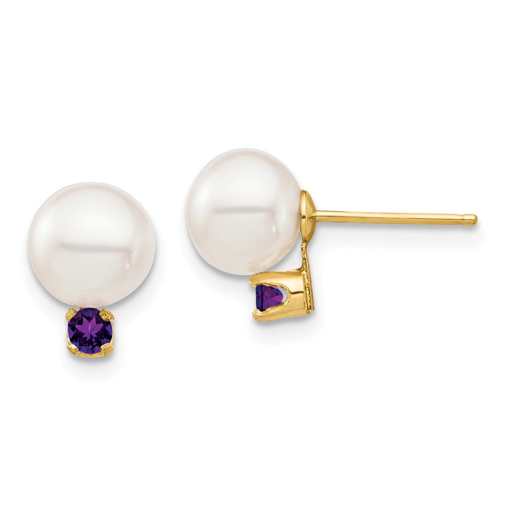 14K Gelbgold 7 7.5mm Weiß Rund Süßwasser Zuchtperle Und.14am Amethyst Ohrstecker