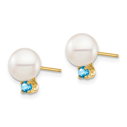 14K Gelbgold 7 7.5mm Weiß Rund Süßwasser Zuchtperle Und.18bt Schweizer Blautopas Ohrstecker