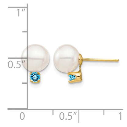 14K Gelbgold 7 7.5mm Weiß Rund Süßwasser Zuchtperle Und.18bt Schweizer Blautopas Ohrstecker