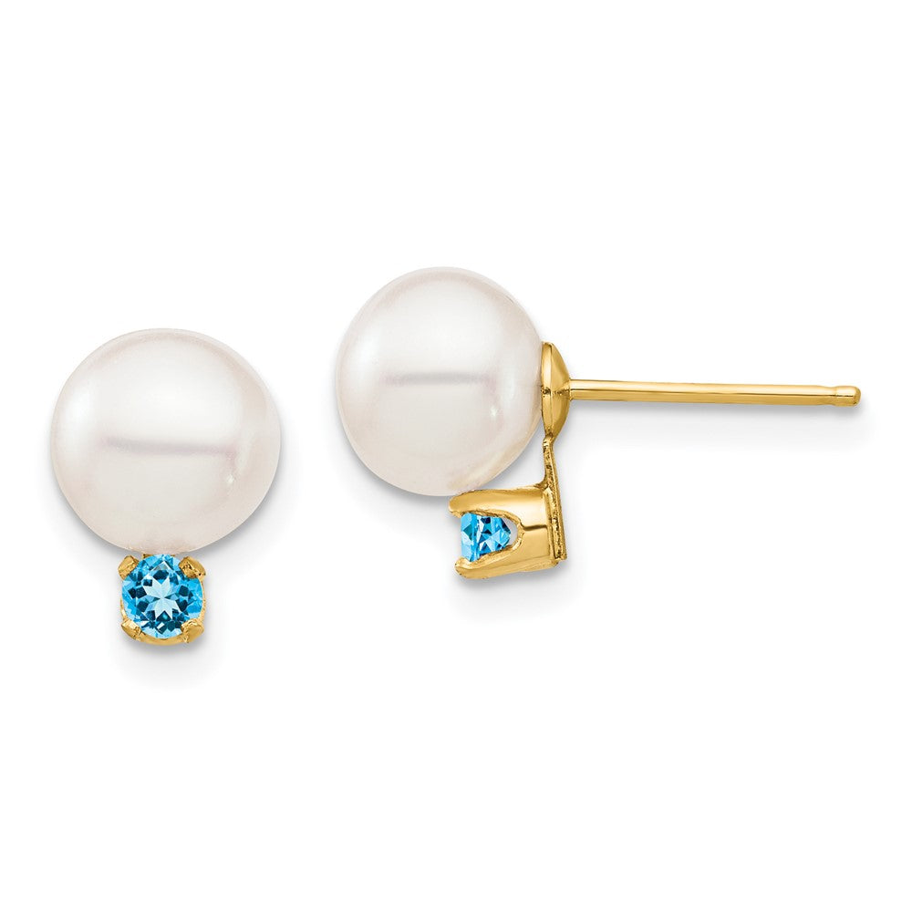 14K Gelbgold 7 7.5mm Weiß Rund Süßwasser Zuchtperle Und.18bt Schweizer Blautopas Ohrstecker