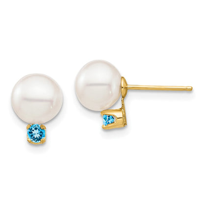 14K Gelbgold 7 7.5mm Weiß Rund Süßwasser Zuchtperle Und.18bt Schweizer Blautopas Ohrstecker