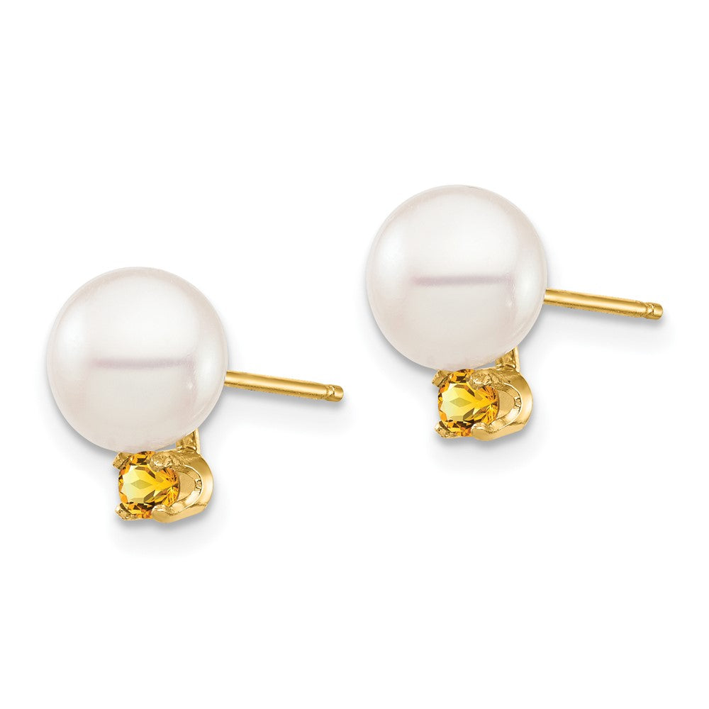 14K Gelbgold 7 7.5mm Weiß Rund Süßwasser Zuchtperle Und.14ci Citrin Ohrstecker