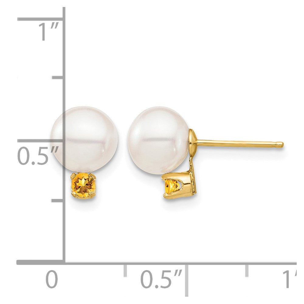 14K Gelbgold 7 7.5mm Weiß Rund Süßwasser Zuchtperle Und.14ci Citrin Ohrstecker