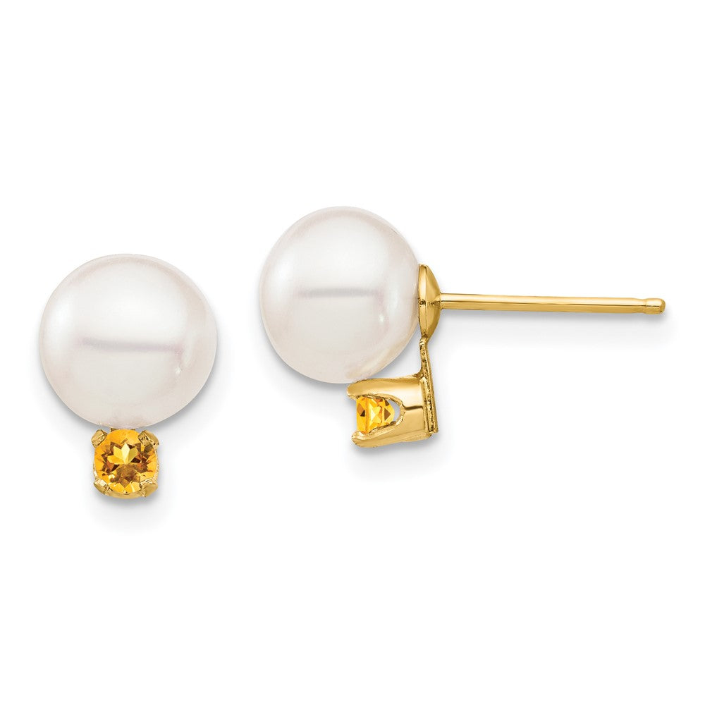 14K Gelbgold 7 7.5mm Weiß Rund Süßwasser Zuchtperle Und.14ci Citrin Ohrstecker