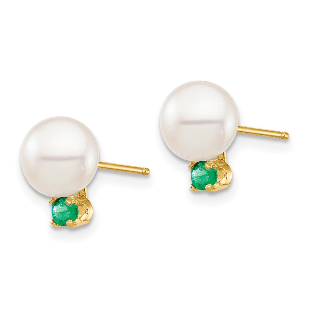 14K Gelbgold 7 7.5mm Weiß Rund Süßwasser Zuchtperle Und.18em Smaragd Ohrstecker