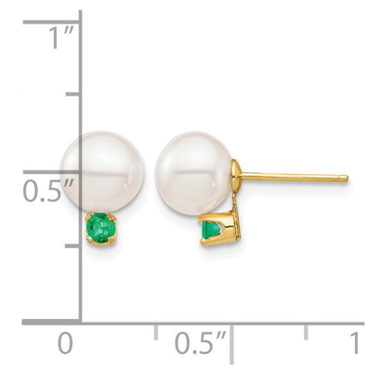 14K Gelbgold 7 7.5mm Weiß Rund Süßwasser Zuchtperle Und.18em Smaragd Ohrstecker