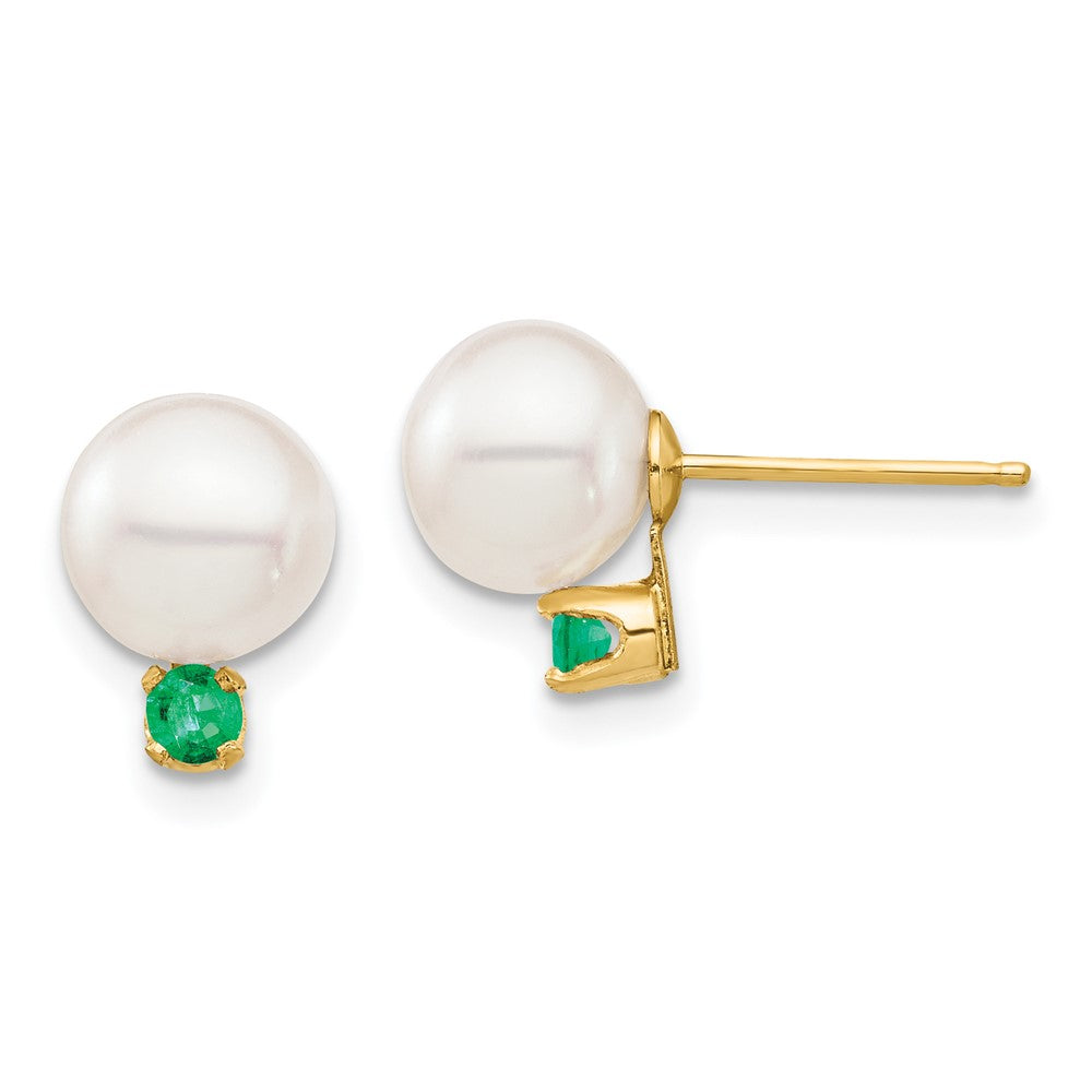 14K Gelbgold 7 7.5mm Weiß Rund Süßwasser Zuchtperle Und.18em Smaragd Ohrstecker