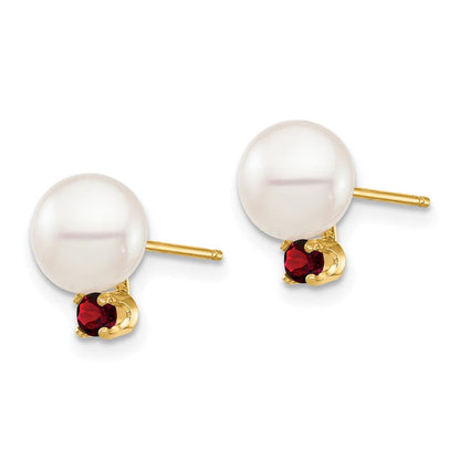 14K Gelbgold 7 7.5mm Weiß Rund Süßwasser Zuchtperle Und.18ga Granat Ohrstecker