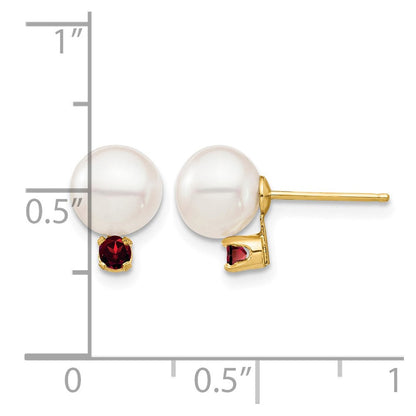 14K Gelbgold 7 7.5mm Weiß Rund Süßwasser Zuchtperle Und.18ga Granat Ohrstecker