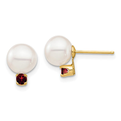 14K Gelbgold 7 7.5mm Weiß Rund Süßwasser Zuchtperle Und.18ga Granat Ohrstecker