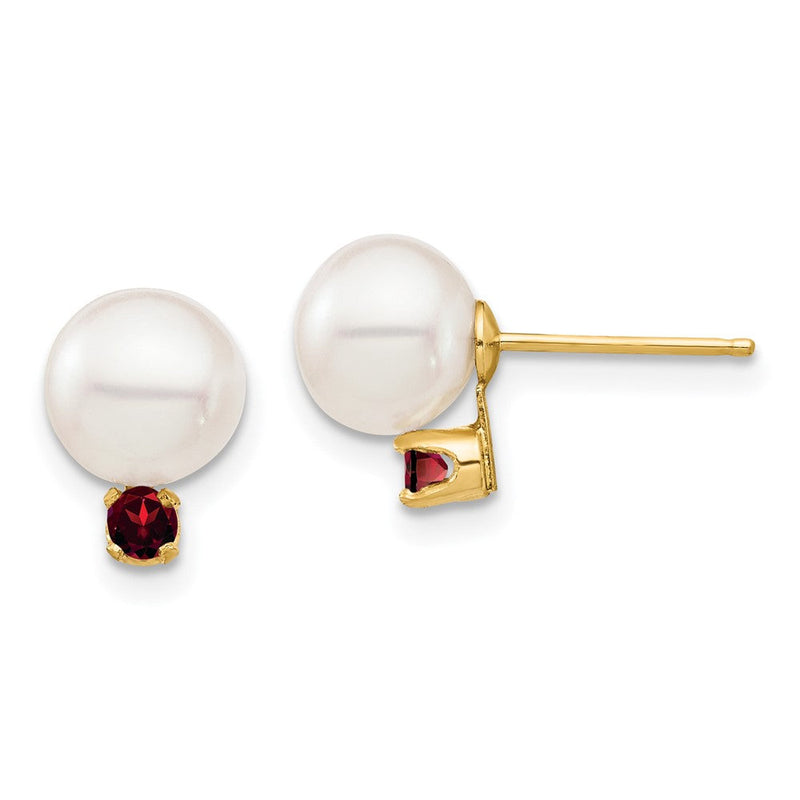 14K Gelbgold 7 7.5mm Weiß Rund Süßwasser Zuchtperle Und.18ga Granat Ohrstecker