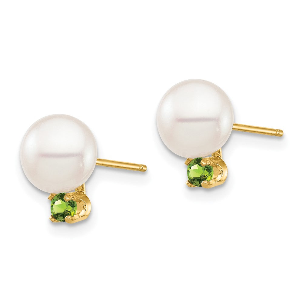 14K Gelbgold 7 7.5mm Weiß Rund Süßwasser Zuchtperle Und.14pe Peridot Ohrstecker