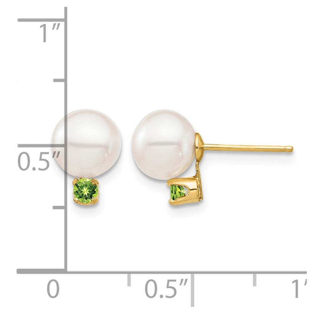 14K Gelbgold 7 7.5mm Weiß Rund Süßwasser Zuchtperle Und.14pe Peridot Ohrstecker