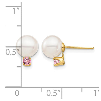 14K Gelbgold 7 7.5mm Weiß Rund Süßwasser Zuchtperle Und.14pt Rosa Topas Ohrstecker