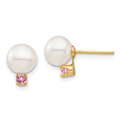 14K Gelbgold 7 7.5mm Weiß Rund Süßwasser Zuchtperle Und.14pt Rosa Topas Ohrstecker