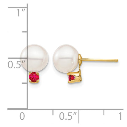 14K Gelbgold 7 7.5mm Weiß Rund Süßwasser Zuchtperle Und.18ru Rubin Ohrstecker