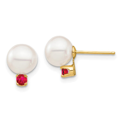 14K Gelbgold 7 7.5mm Weiß Rund Süßwasser Zuchtperle Und.18ru Rubin Ohrstecker