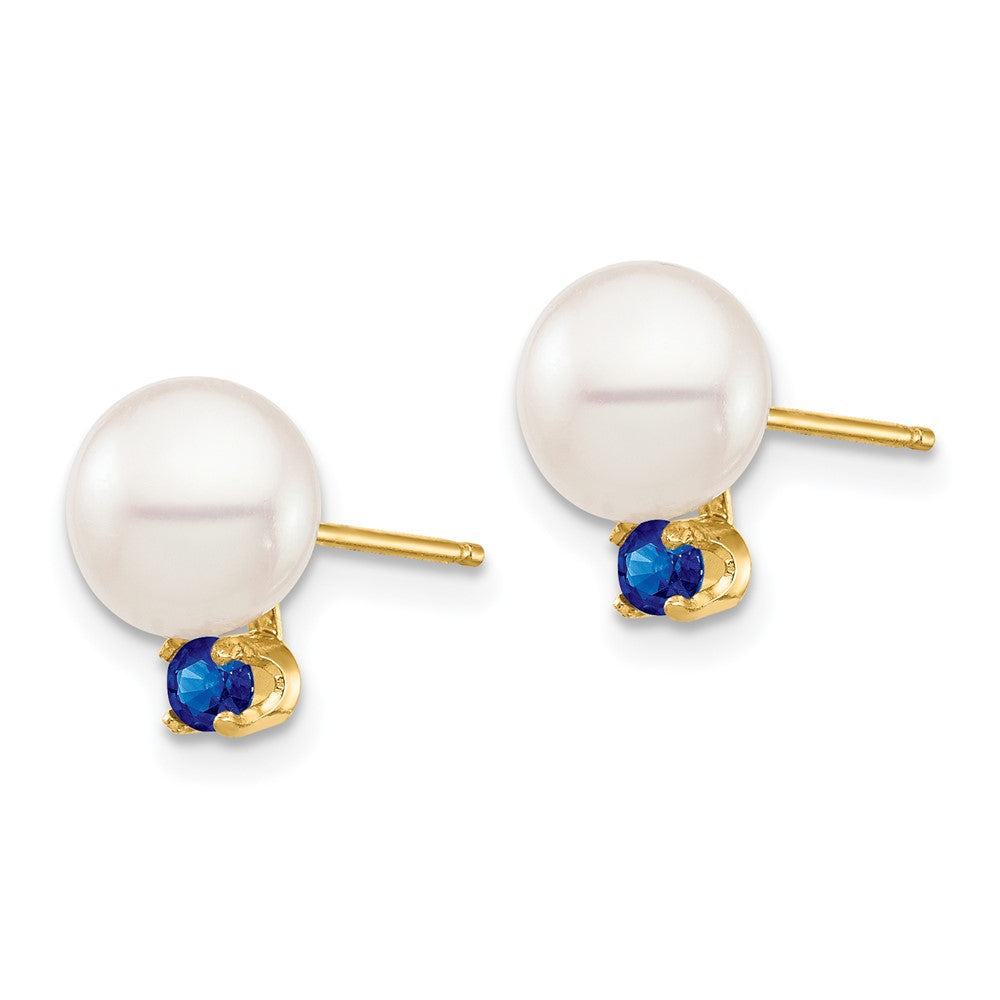14K Gelbgold 7 7.5mm Weiß Rund Süßwasser Zuchtperle Und.18sa Saphir Ohrstecker