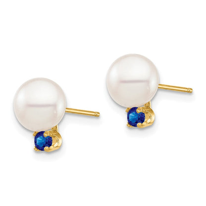14K Gelbgold 7 7.5mm Weiß Rund Süßwasser Zuchtperle Und.18sa Saphir Ohrstecker