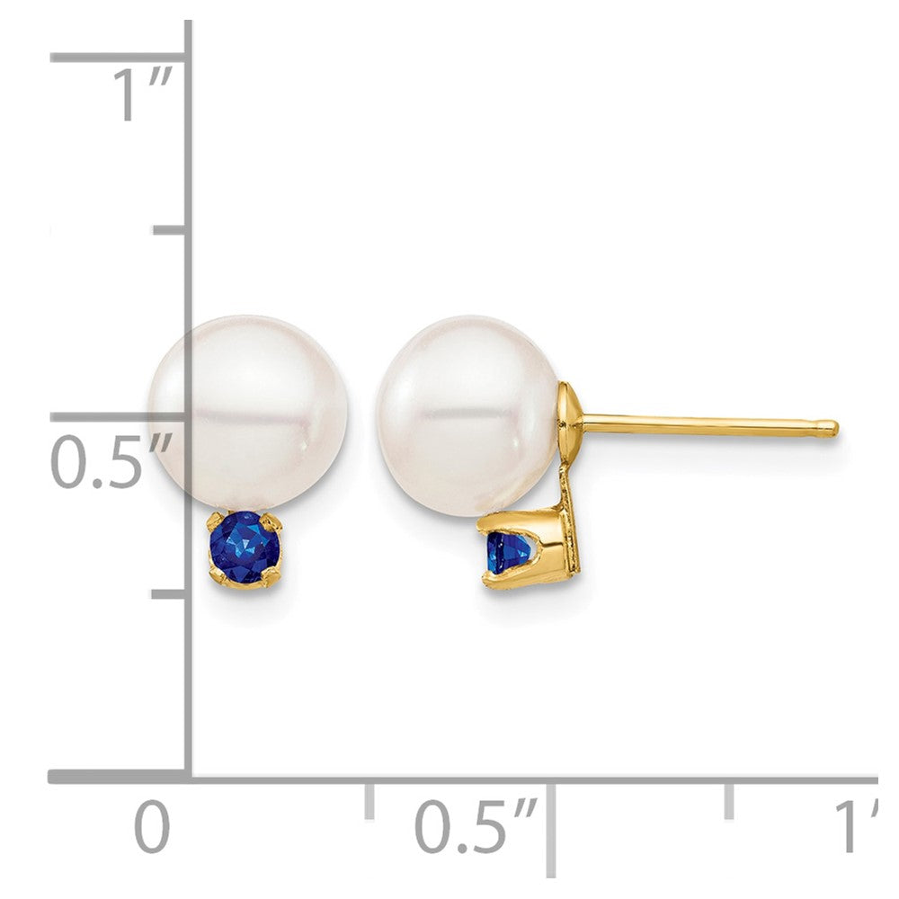 14K Gelbgold 7 7.5mm Weiß Rund Süßwasser Zuchtperle Und.18sa Saphir Ohrstecker