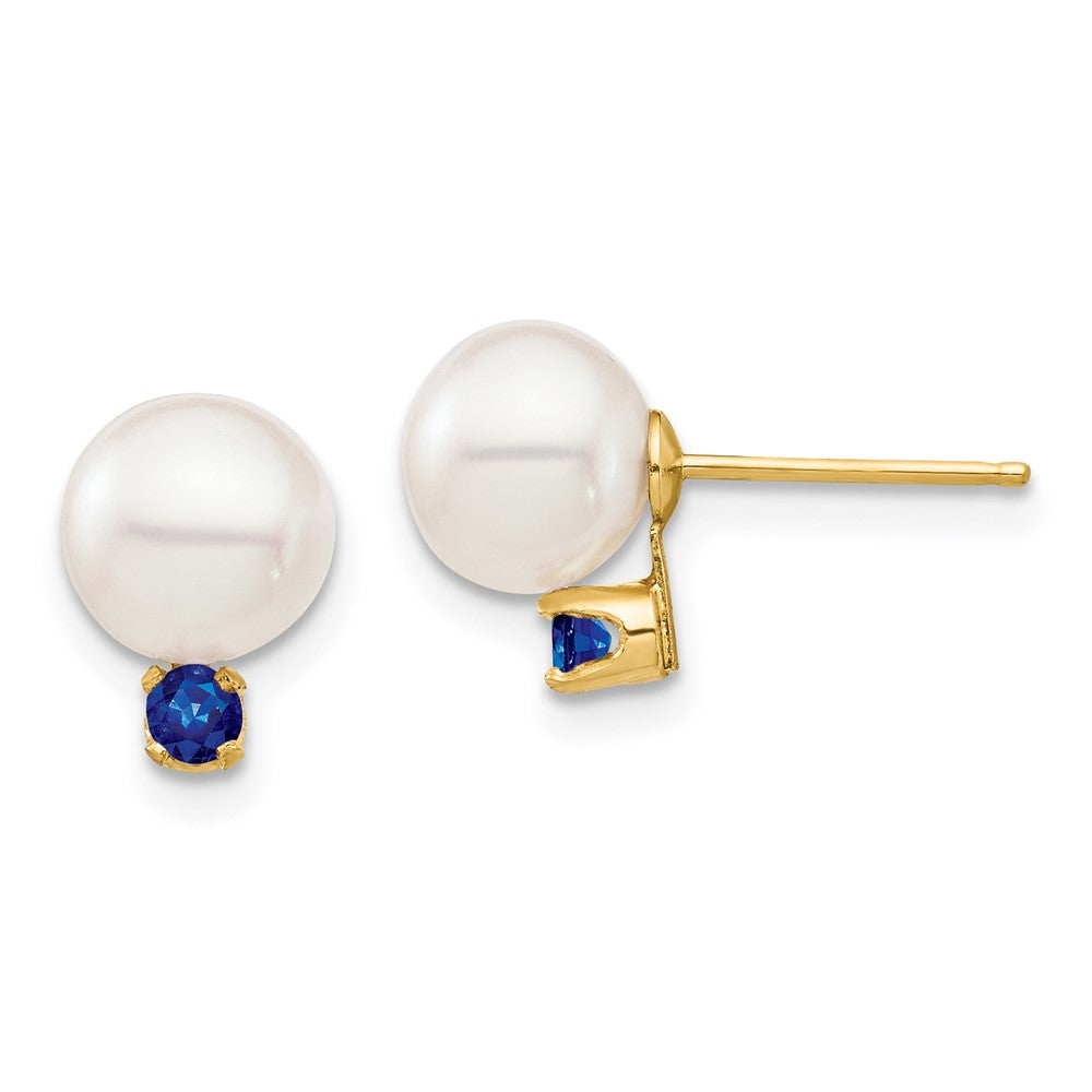 14K Gelbgold 7 7.5mm Weiß Rund Süßwasser Zuchtperle Und.18sa Saphir Ohrstecker