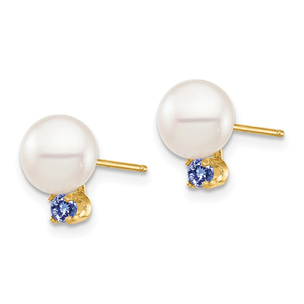 14K Gelbgold 7 7.5mm Weiß Rund Süßwasser Zuchtperle Und.14tz Tansanit Ohrstecker