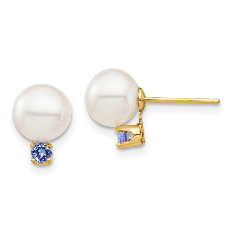 14K Gelbgold 7 7.5mm Weiß Rund Süßwasser Zuchtperle Und.14tz Tansanit Ohrstecker