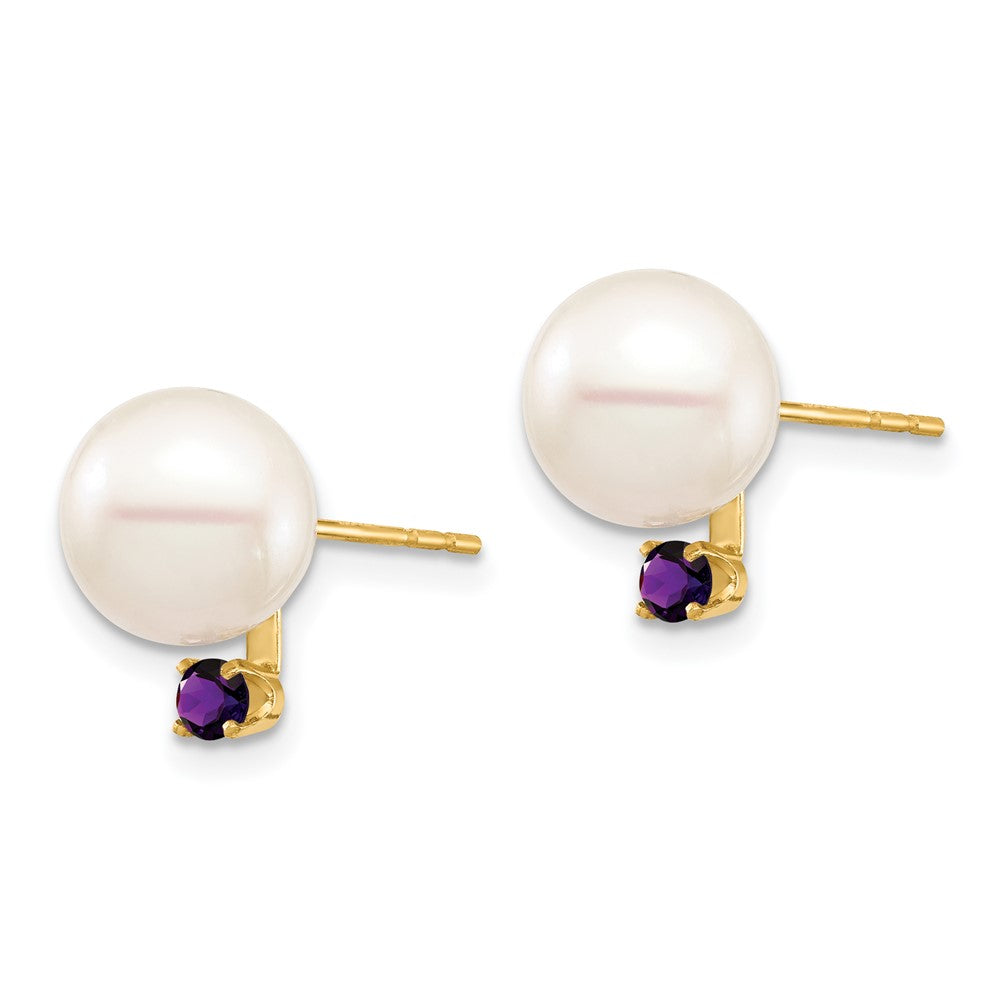 14K Gelbgold 8 8.5mm Weiß Rund Süßwasser Zuchtperle Und.14am Amethyst Ohrstecker