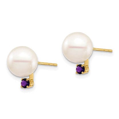 14K Gelbgold 8 8.5mm Weiß Rund Süßwasser Zuchtperle Und.14am Amethyst Ohrstecker