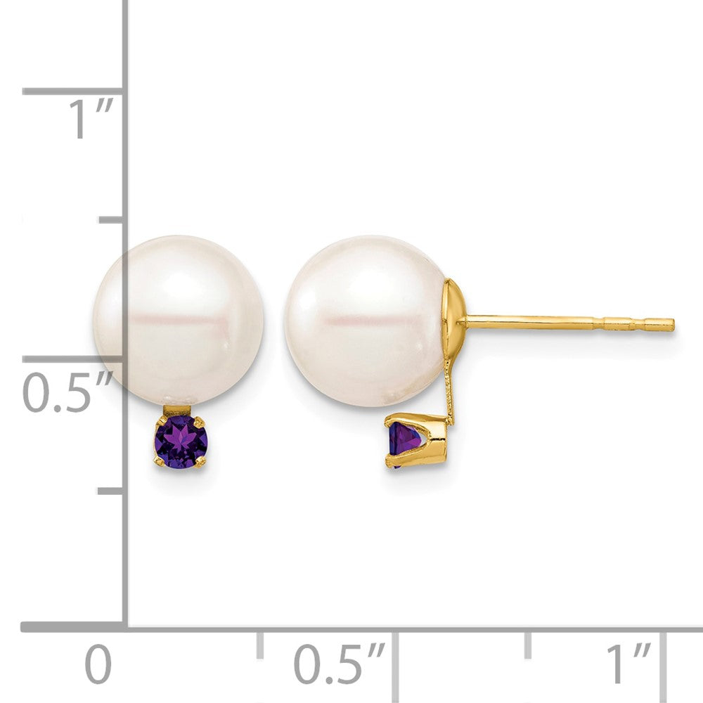14K Gelbgold 8 8.5mm Weiß Rund Süßwasser Zuchtperle Und.14am Amethyst Ohrstecker