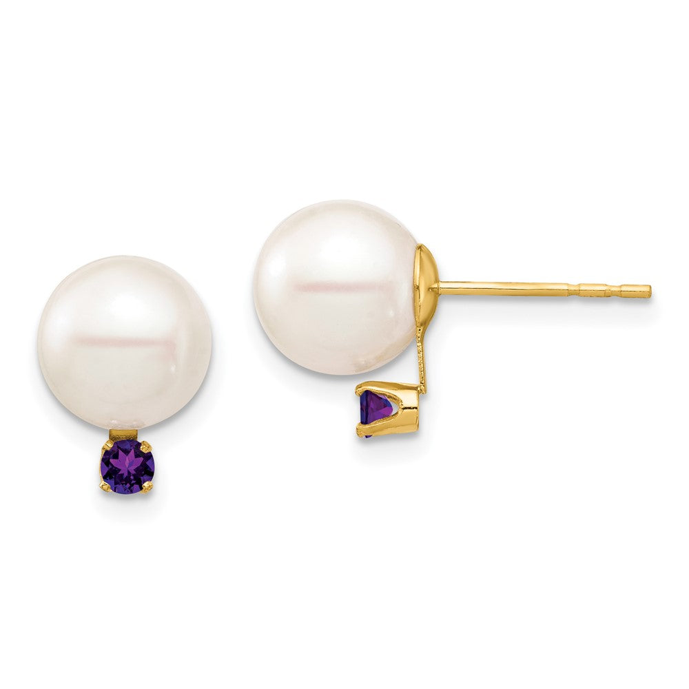 14K Gelbgold 8 8.5mm Weiß Rund Süßwasser Zuchtperle Und.14am Amethyst Ohrstecker