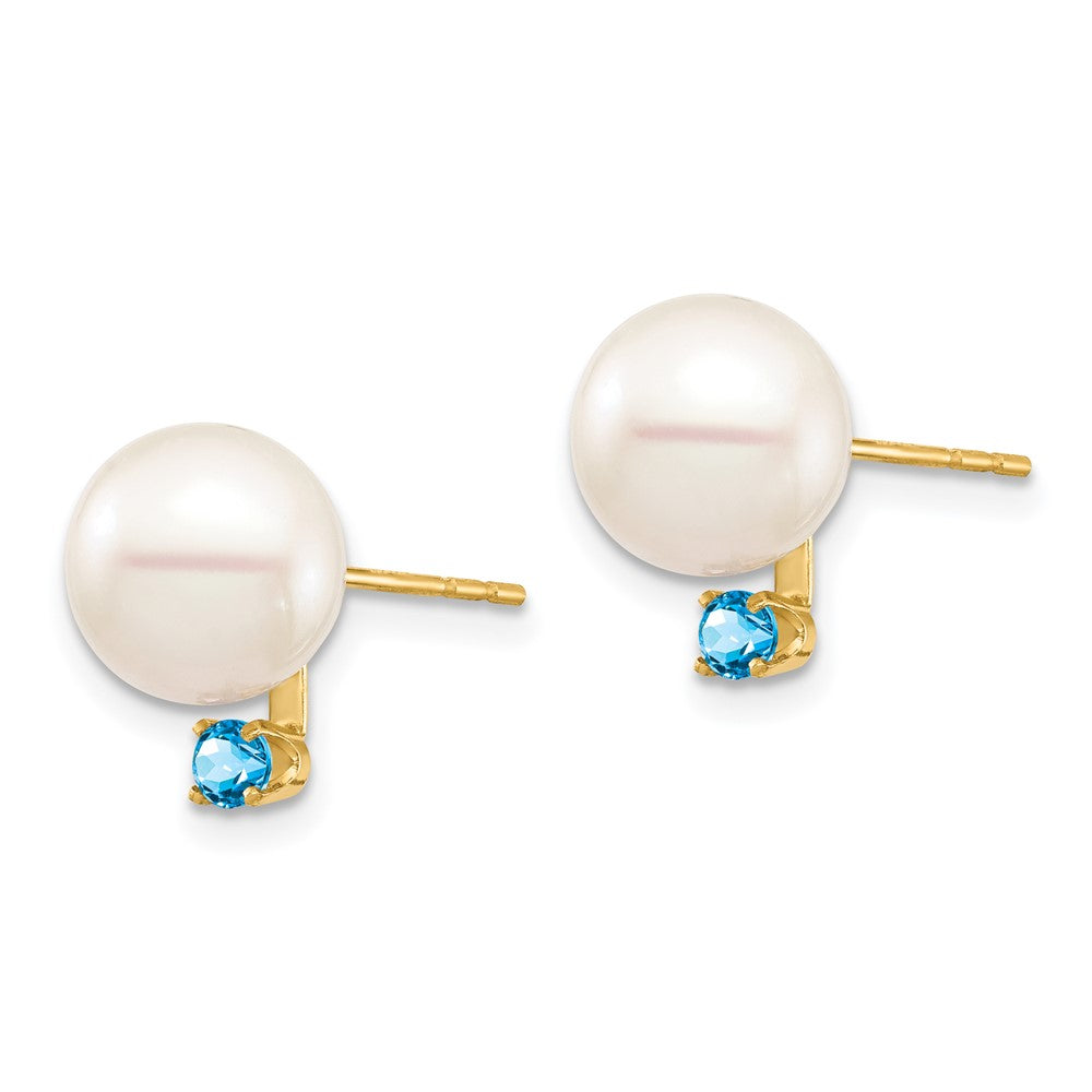 14K Gelbgold 8 8.5mm Weiß Rund Süßwasser Zuchtperle Und.18bt Schweizer Blautopas Ohrstecker