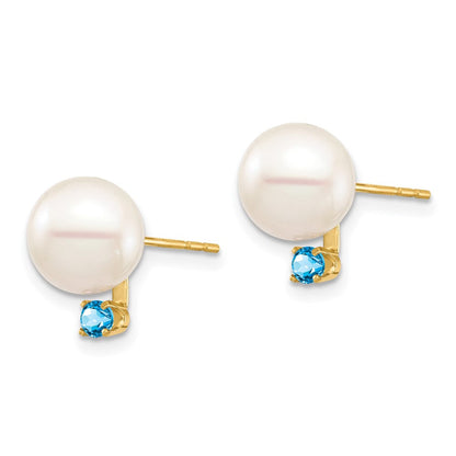 14K Gelbgold 8 8.5mm Weiß Rund Süßwasser Zuchtperle Und.18bt Schweizer Blautopas Ohrstecker
