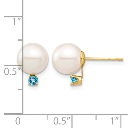 14K Gelbgold 8 8.5mm Weiß Rund Süßwasser Zuchtperle Und.18bt Schweizer Blautopas Ohrstecker