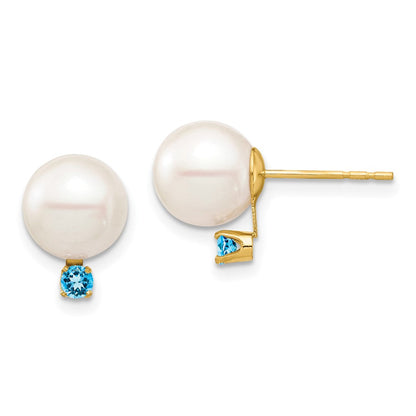 14K Gelbgold 8 8.5mm Weiß Rund Süßwasser Zuchtperle Und.18bt Schweizer Blautopas Ohrstecker