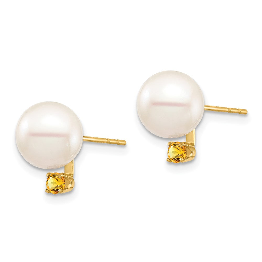 14K Gelbgold 8 8.5mm Weiß Rund Süßwasser Zuchtperle Und.14ci Citrin Ohrstecker
