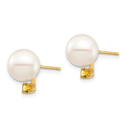 14K Gelbgold 8 8.5mm Weiß Rund Süßwasser Zuchtperle Und.14ci Citrin Ohrstecker