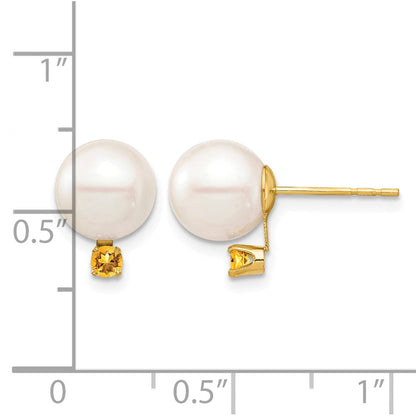 14K Gelbgold 8 8.5mm Weiß Rund Süßwasser Zuchtperle Und.14ci Citrin Ohrstecker