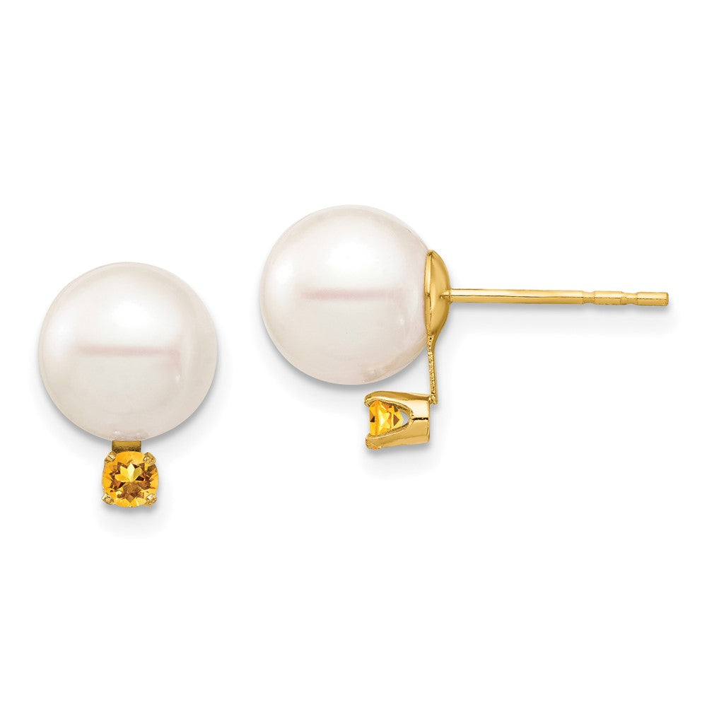 14K Gelbgold 8 8.5mm Weiß Rund Süßwasser Zuchtperle Und.14ci Citrin Ohrstecker