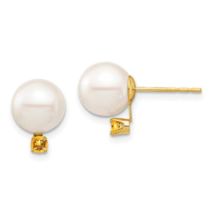 14K Gelbgold 8 8.5mm Weiß Rund Süßwasser Zuchtperle Und.14ci Citrin Ohrstecker
